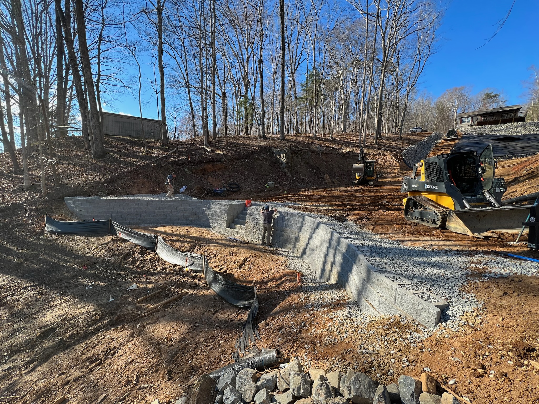 Retaining wall construction in progress